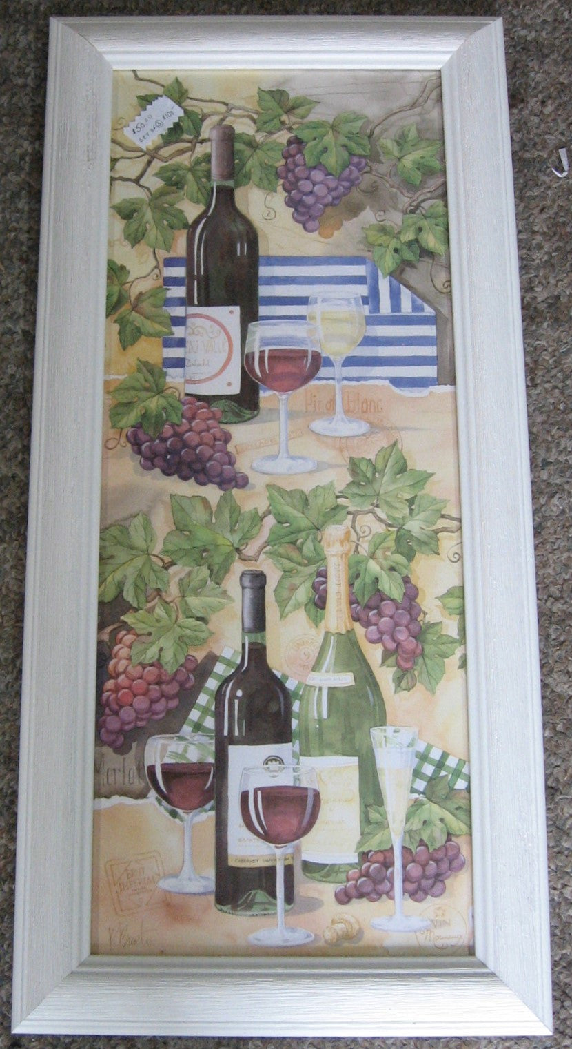 Custom Framed Art Print, PAUL BRENT ,White Drift Wood Frame, Wine Bottles and  Glasses